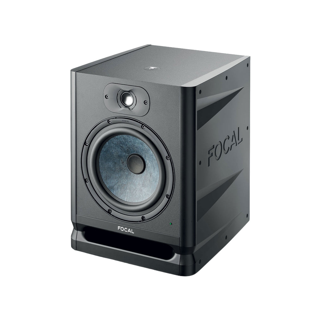 Black studio monitor speaker with visible tweeter, woofer, port, and FOCAL branding on side and front.