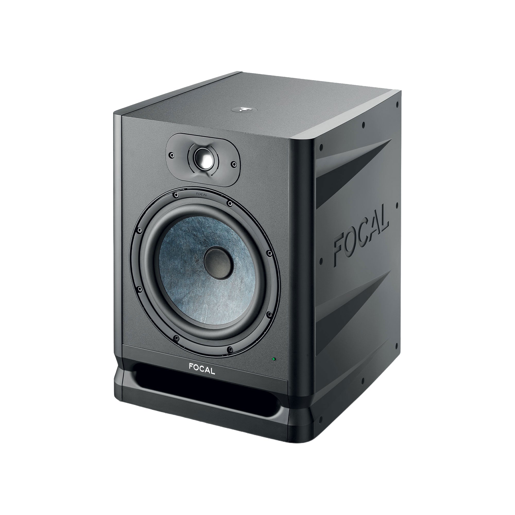 Black studio monitor speaker with visible tweeter, woofer, port, and FOCAL branding on side and front.