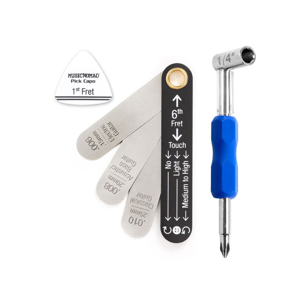 Set of guitar adjustment tools including metal feeler gauges labeled by guitar type, a pick-shaped capo tool, and a screwdriver with blue grip.