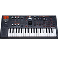 Black and white synthesizer keyboard with multiple knobs, buttons, and a small display screen.