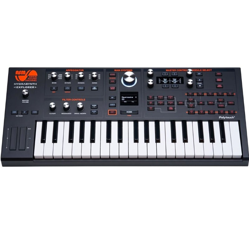 Black and white synthesizer keyboard with multiple knobs, buttons, and a small display screen.