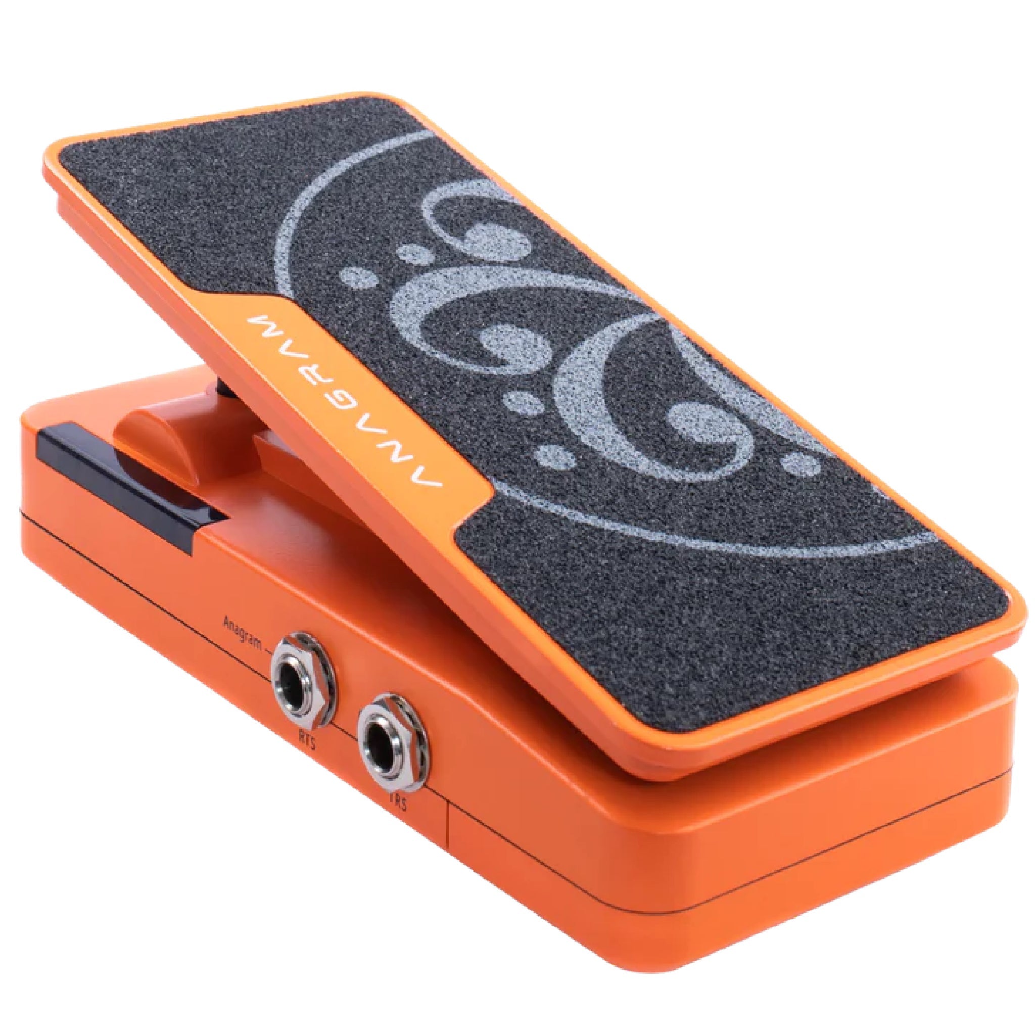 Orange expression pedal with black grip tape featuring a grey design and two side jacks labeled RTS and IP5.