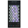 Black MIDI controller with hexagonal backlit buttons, rotary knobs, and round backlit function buttons.