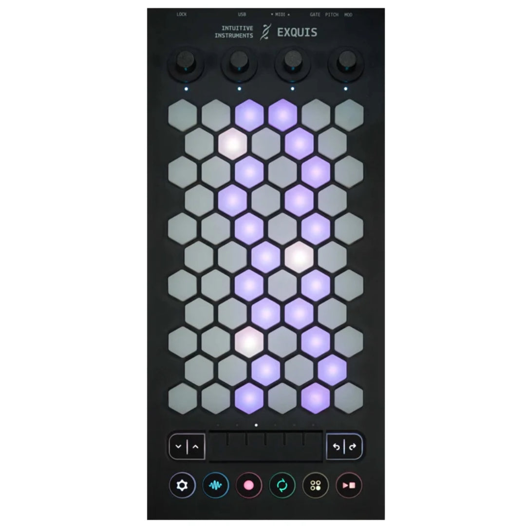 Black MIDI controller with hexagonal backlit buttons, rotary knobs, and round backlit function buttons.
