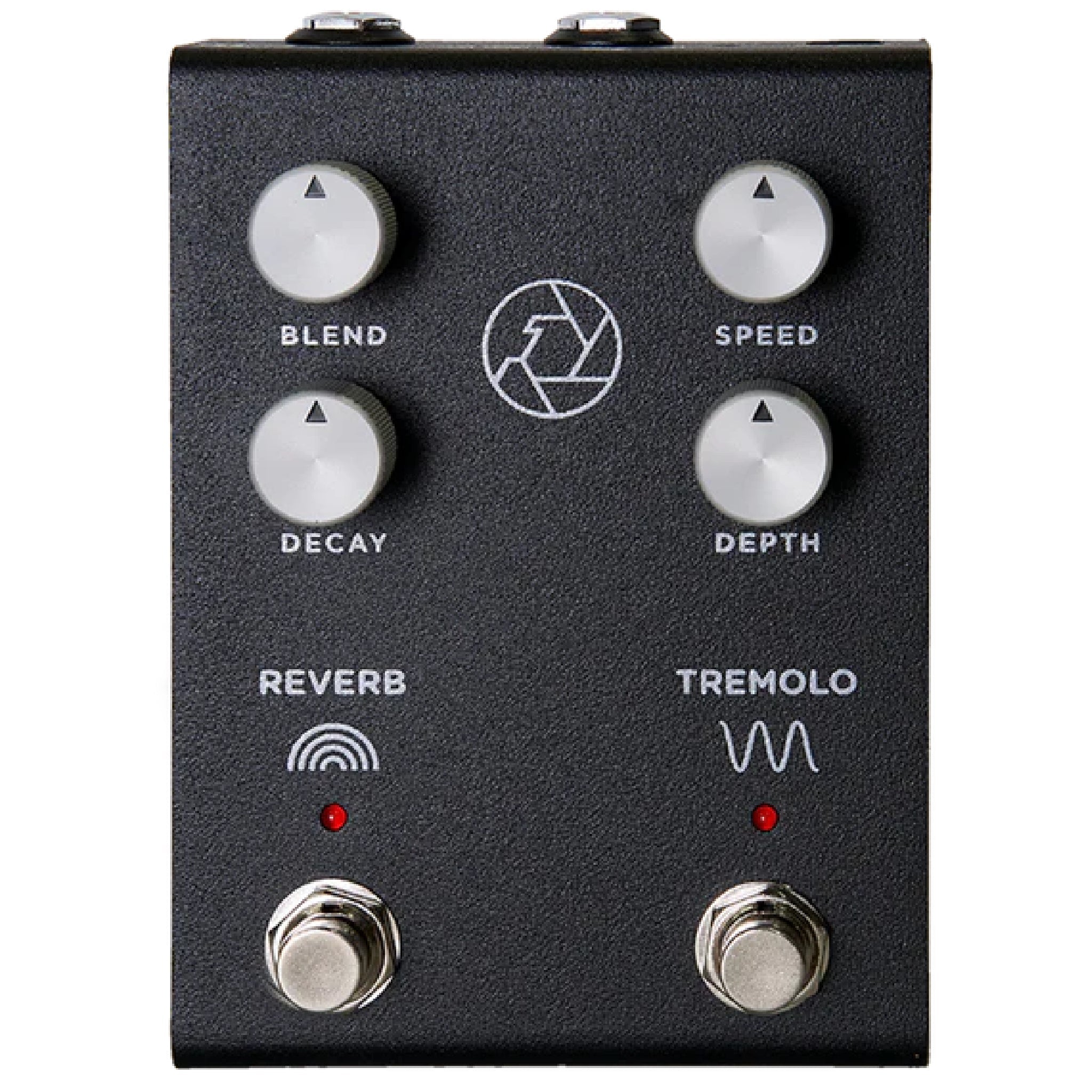 Black guitar effects pedal with four control knobs labeled Blend, Speed, Decay, Depth and two footswitches labeled Reverb and Tremolo.