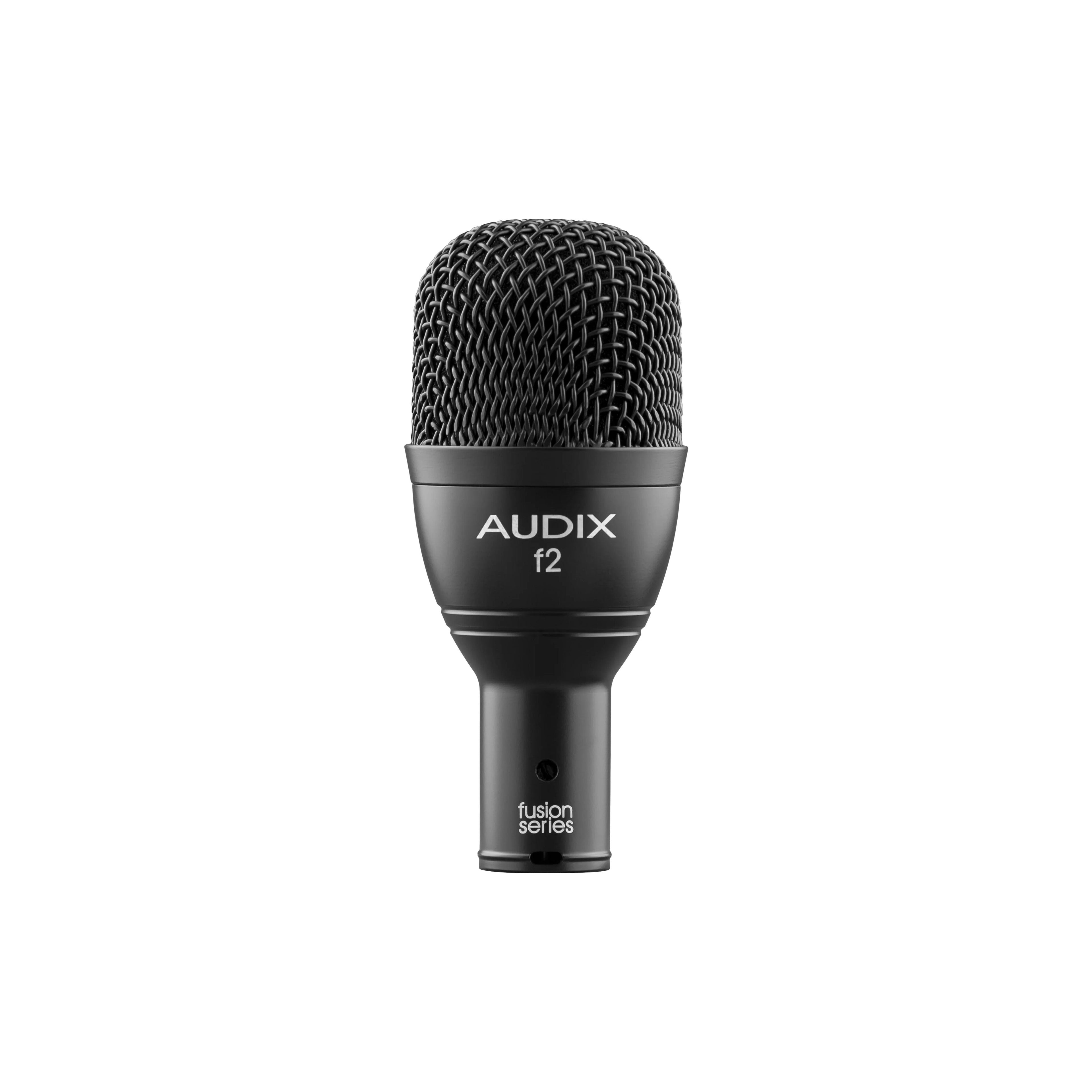 Black Audix f2 microphone with metal mesh grille and female audio connector visible