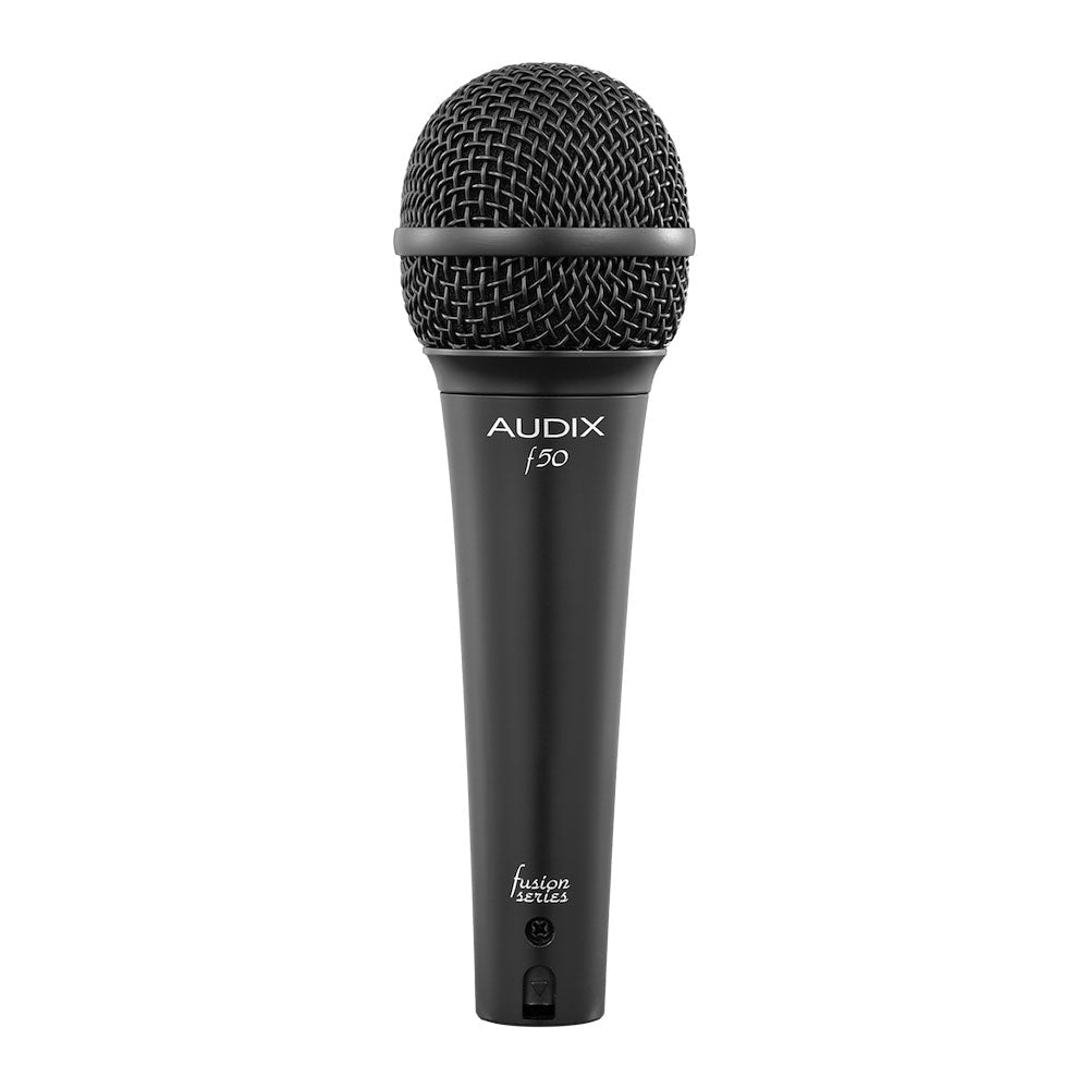 Black handheld microphone with mesh grille and on/off switch labeled Audix f50 fusion series.