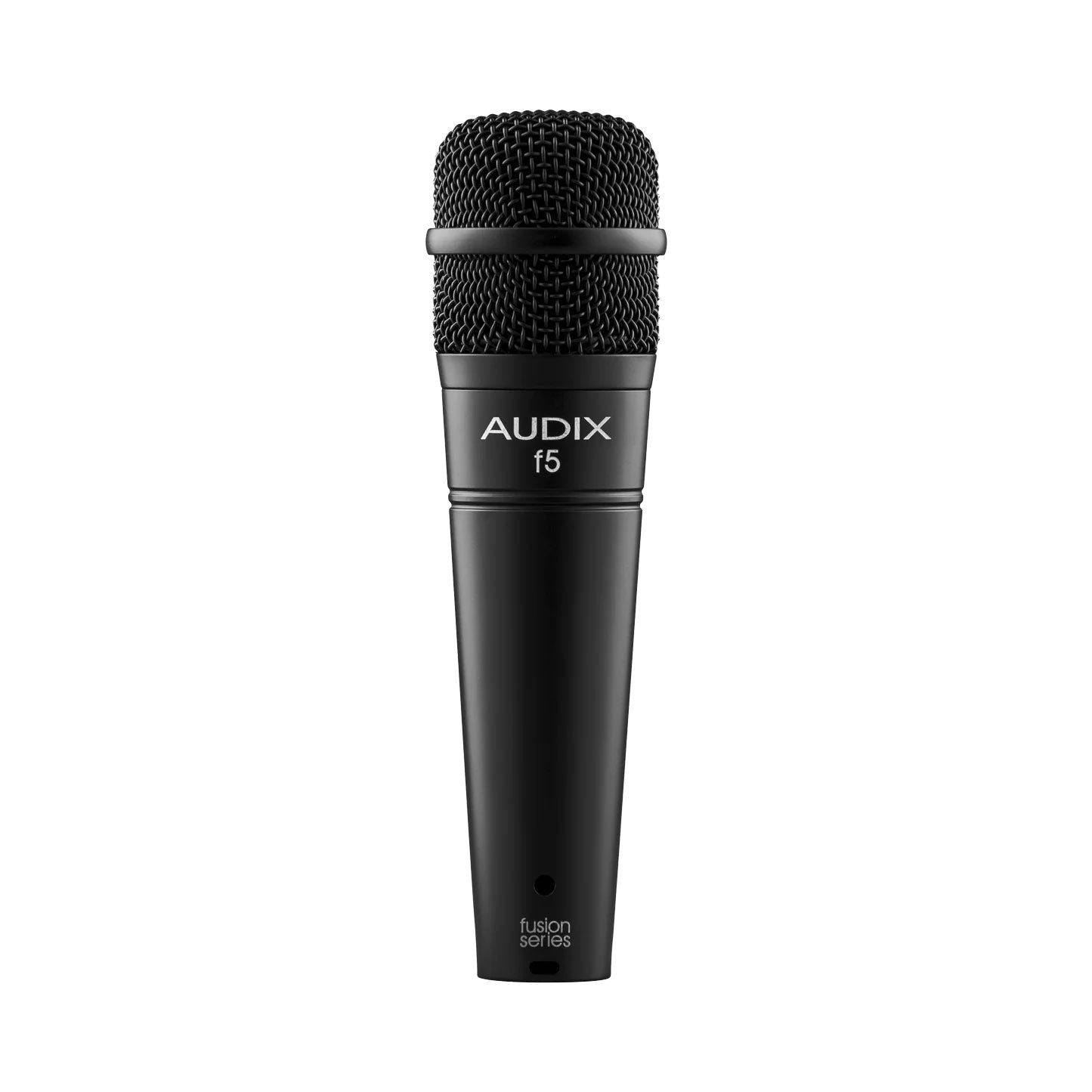 Black handheld microphone with metal mesh grille and branded text AUDIX f5 fusion series.