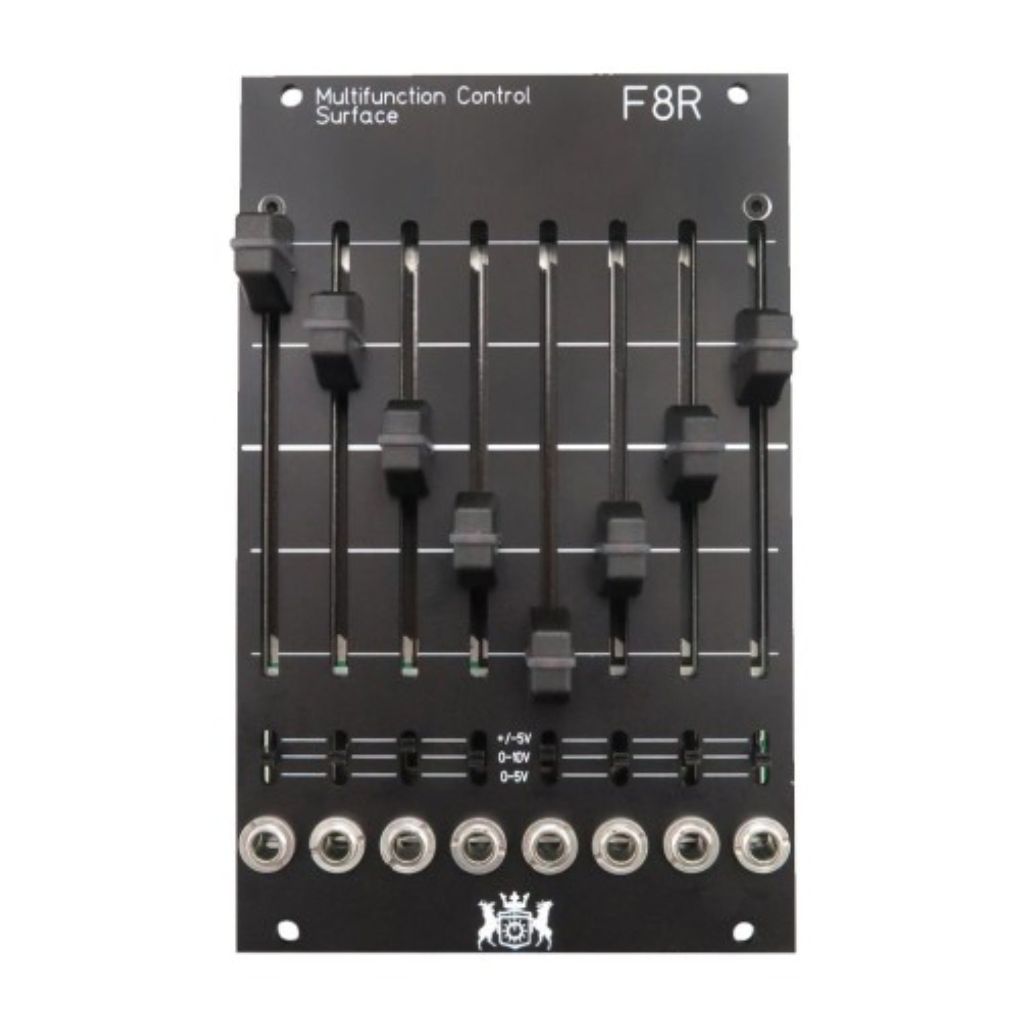 Black multifunction control surface with eight sliders and eight 3.5mm jack connectors on bottom.