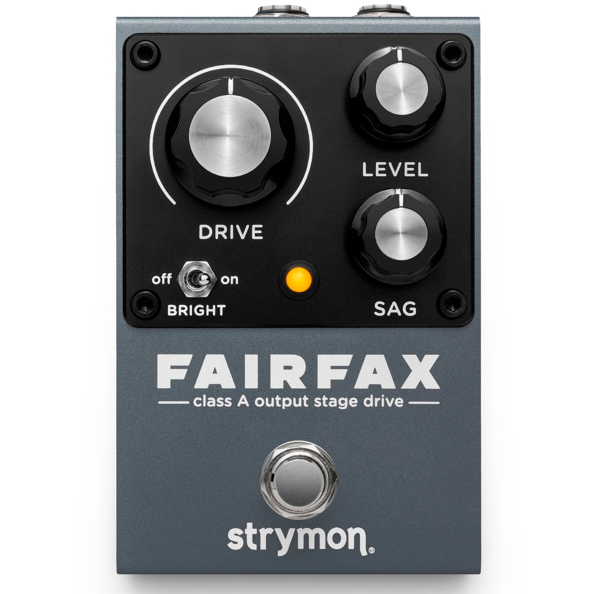 Gray and black guitar effects pedal with three knobs, one toggle switch, footswitch, and orange indicator light.
