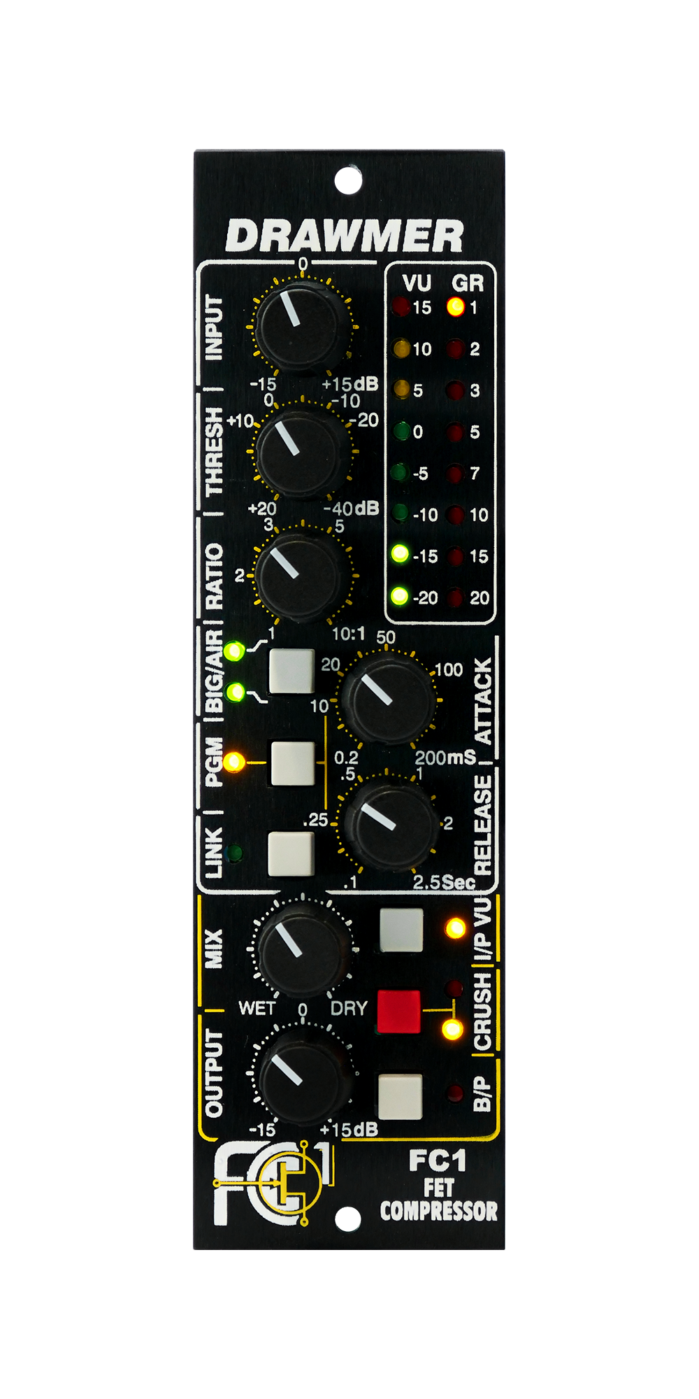 Front panel of a Drawmer FC1 FET Compressor with knobs, buttons, and LED indicators.