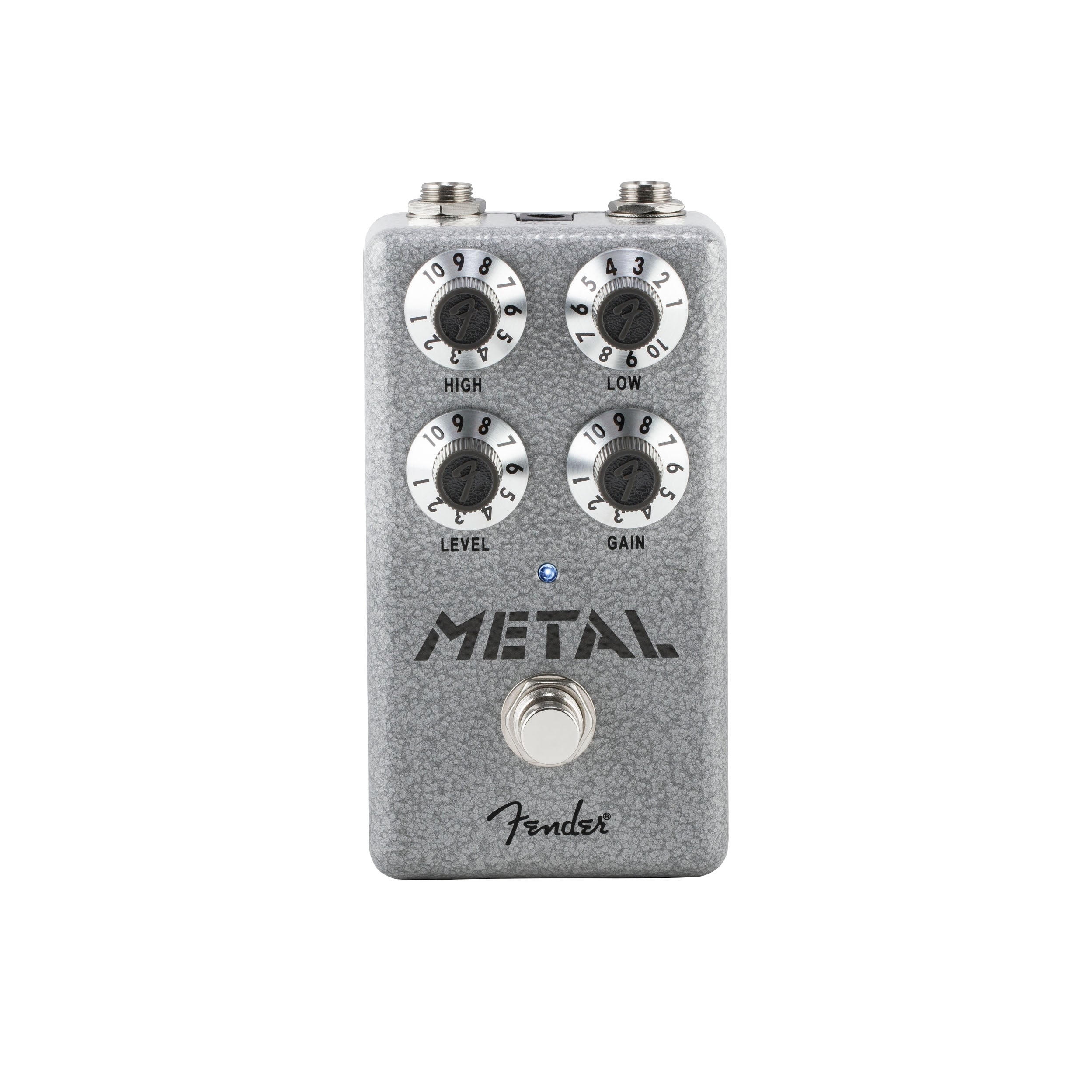 Silver guitar effects pedal with four knobs labeled High, Low, Level, Gain and a footswitch.