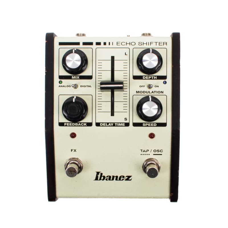 A compact Ibanez ES3 Echo Shifter delay pedal viewed from above, showing control knobs, a slider fader for delay time, mode switches, and two footswitches.