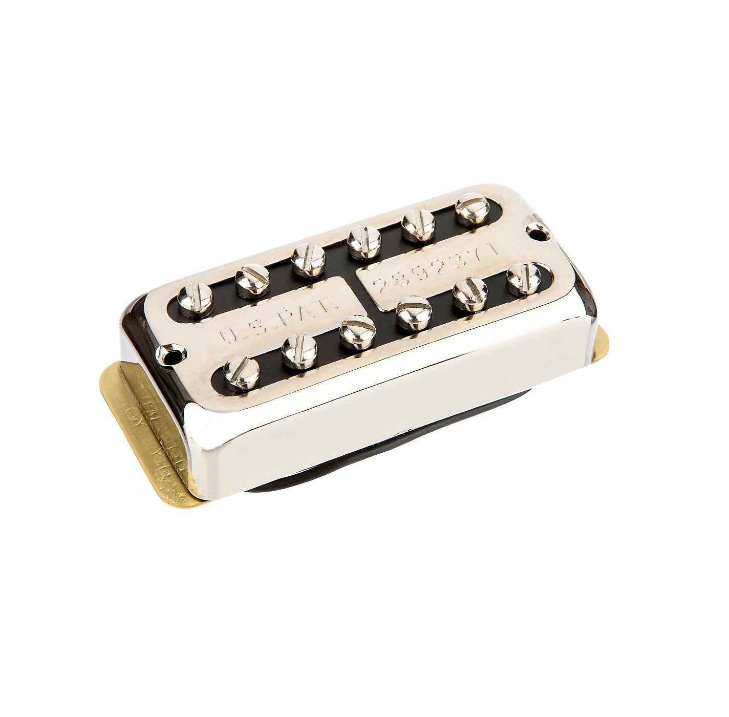 Silver metal guitar pickup with twelve adjustable pole screws and brass mounting base.