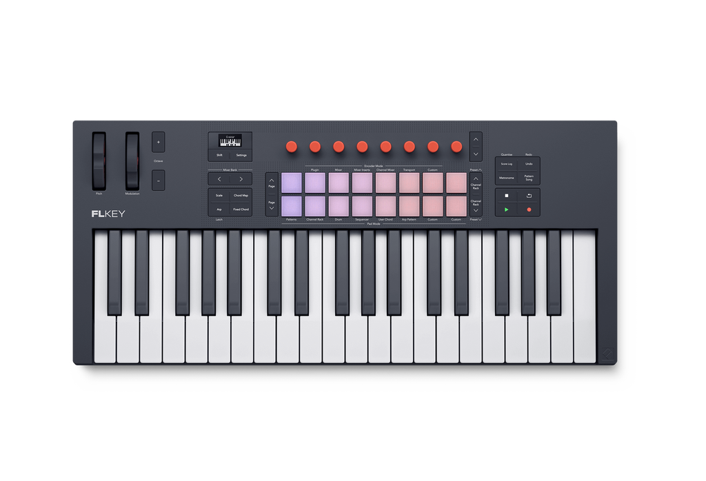 Compact keyboard MIDI controller with 37 keys, control knobs, pads, wheels, buttons and a small display screen.