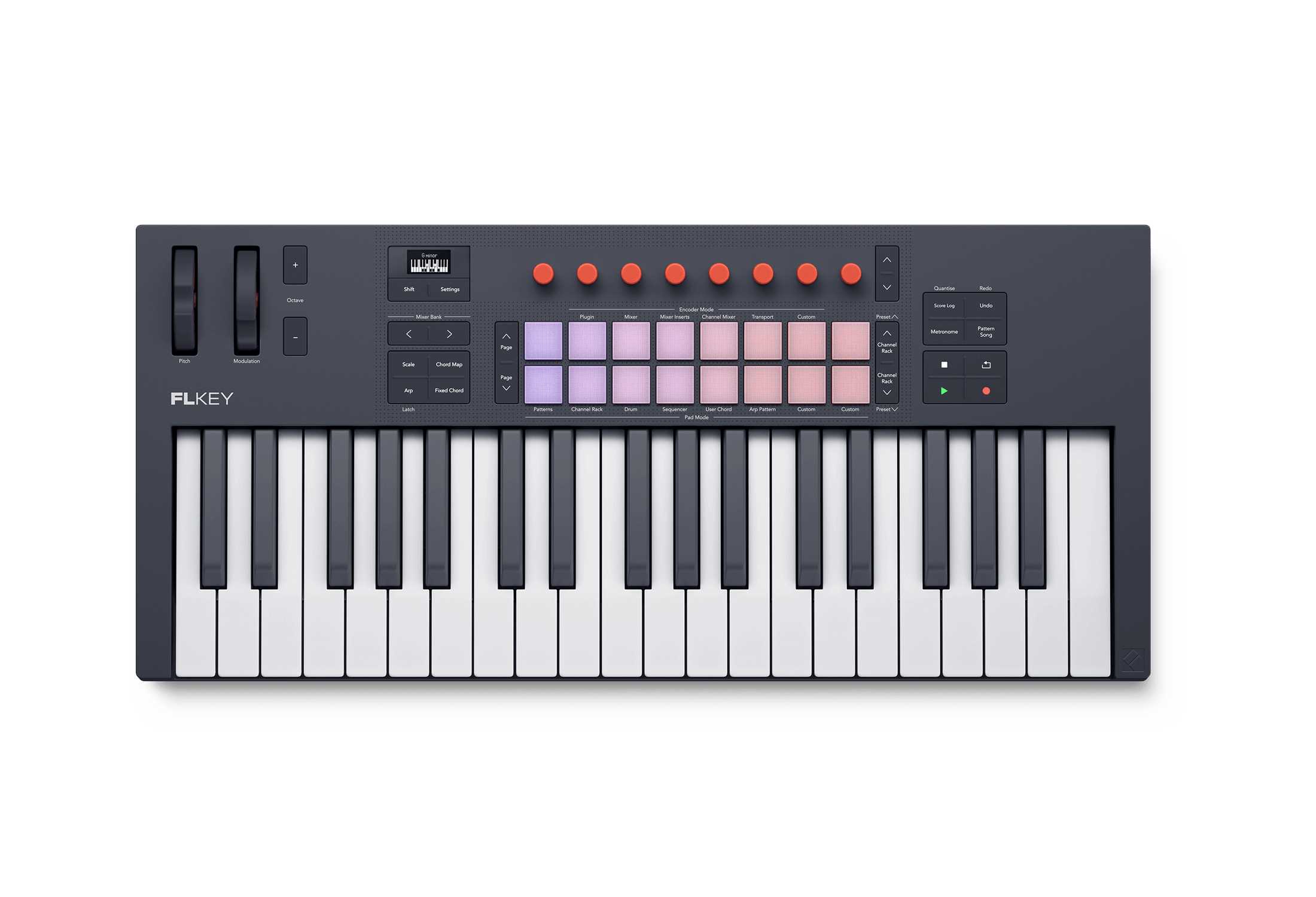 Compact keyboard MIDI controller with 37 keys, control knobs, pads, wheels, buttons and a small display screen.