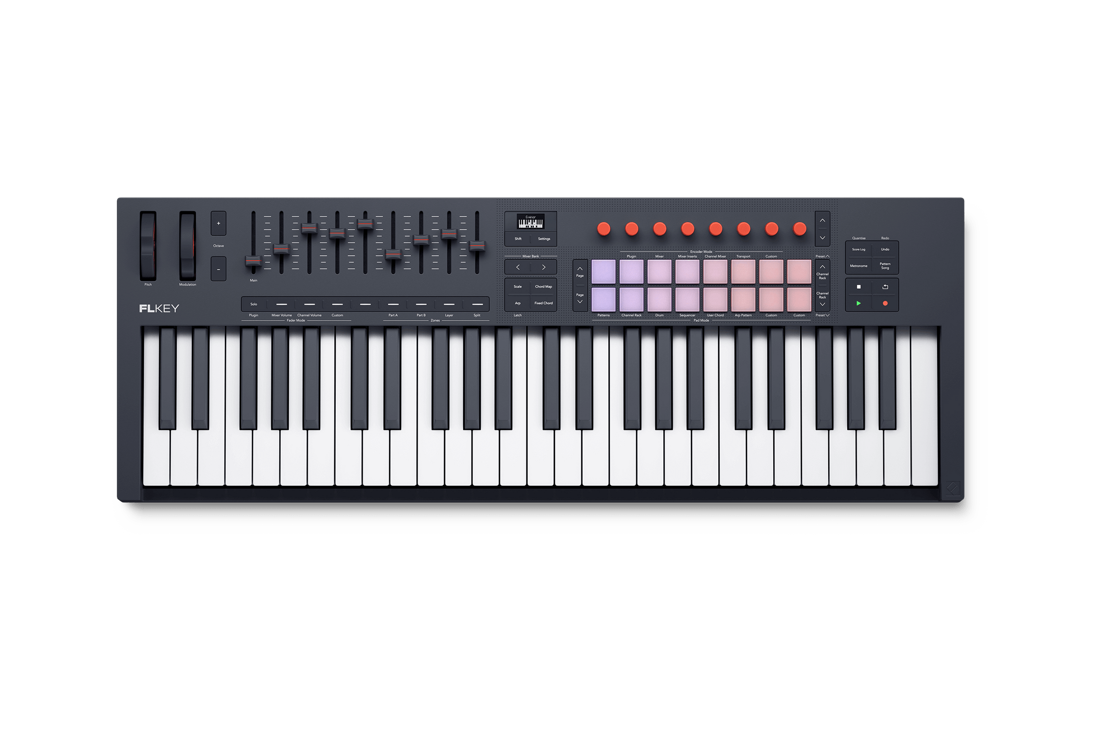 Black and white MIDI controller keyboard with keys, pads, knobs, faders, and a small screen
