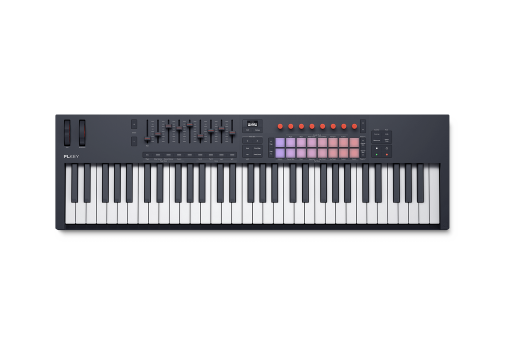 MIDI keyboard controller with 61 keys, faders, knobs, buttons, and RGB pads in black and gray.
