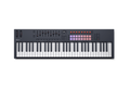 MIDI keyboard controller with 61 keys, faders, knobs, buttons, and RGB pads in black and gray.