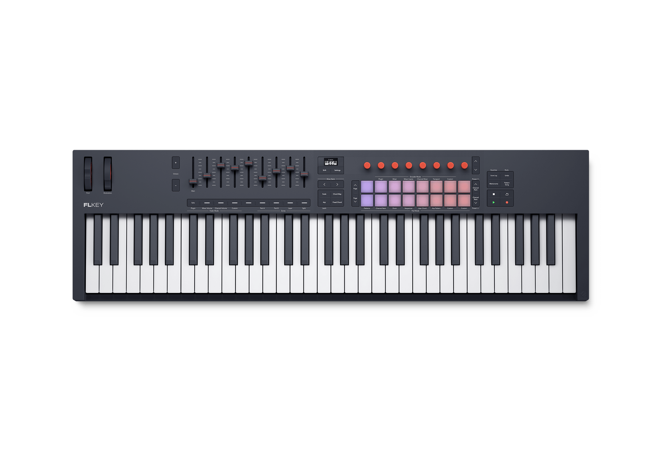 MIDI keyboard controller with 61 keys, faders, knobs, buttons, and RGB pads in black and gray.