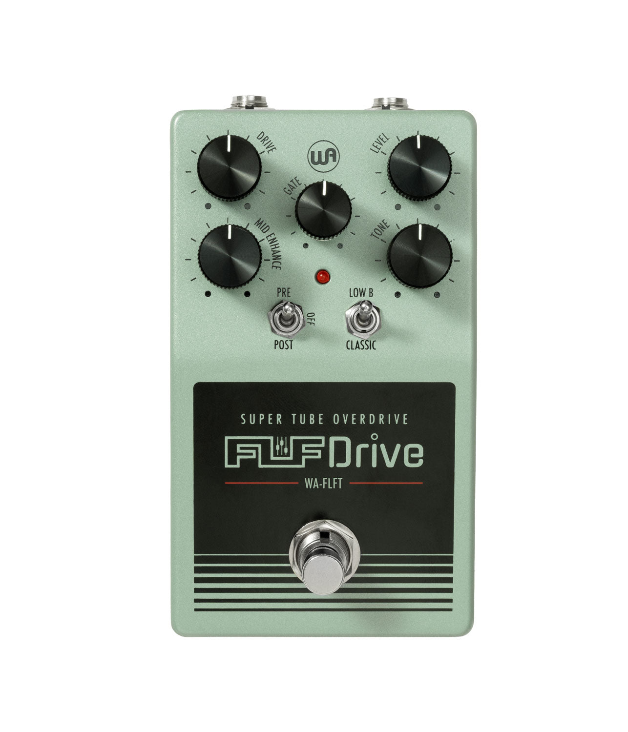 Mint green overdrive pedal with five black knobs, two toggle switches, and one footswitch.