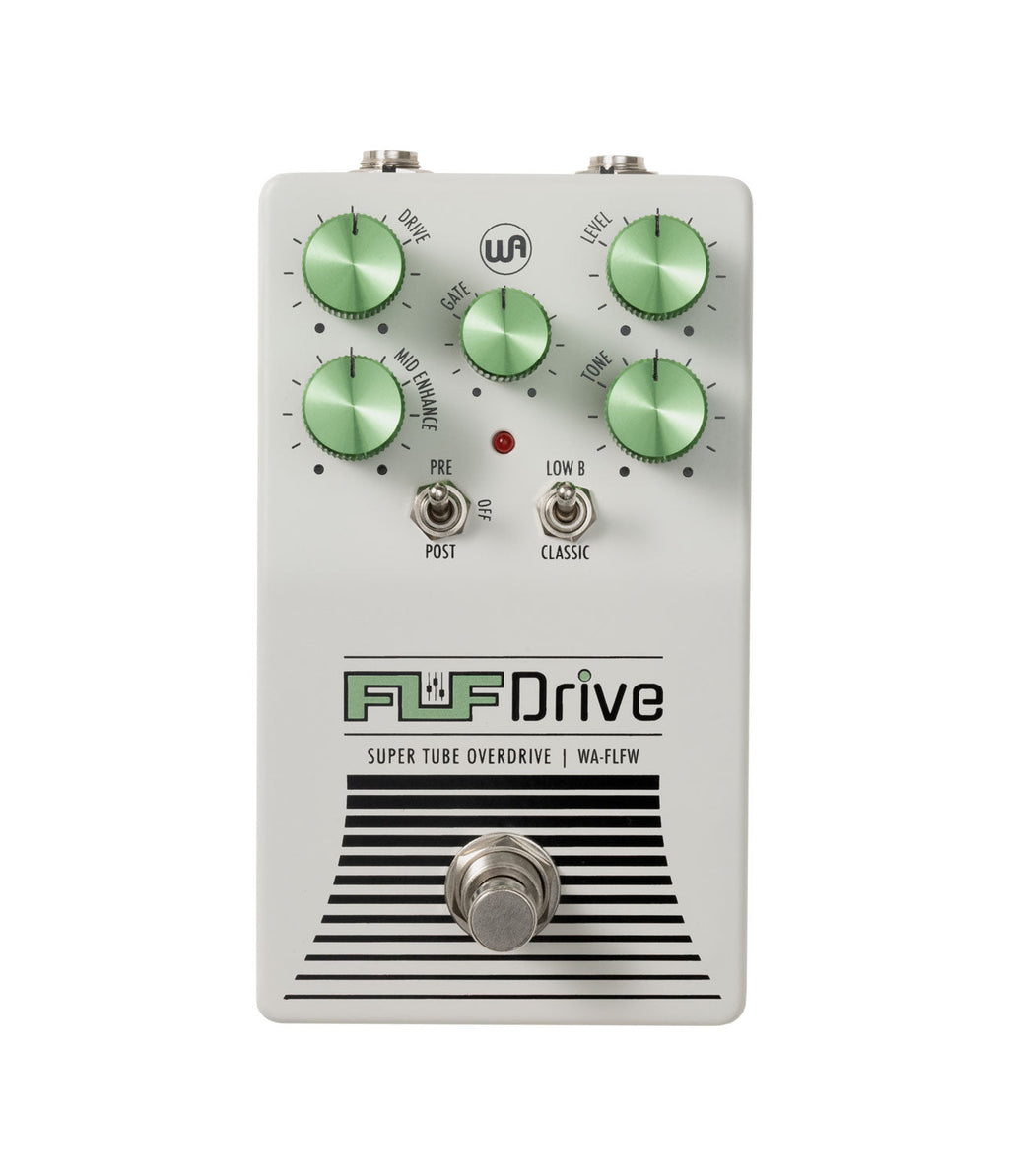 White guitar effects pedal with green knobs, two toggle switches, and one footswitch on front panel.