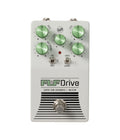 White guitar effects pedal with green knobs, two toggle switches, and one footswitch on front panel.