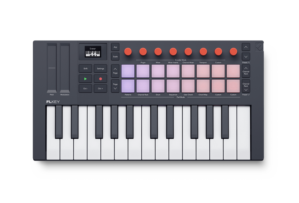 Compact MIDI controller with 25 mini keys, multiple pads, knobs, buttons, and two touch strips in black and white.