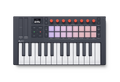 Compact MIDI controller with 25 mini keys, multiple pads, knobs, buttons, and two touch strips in black and white.