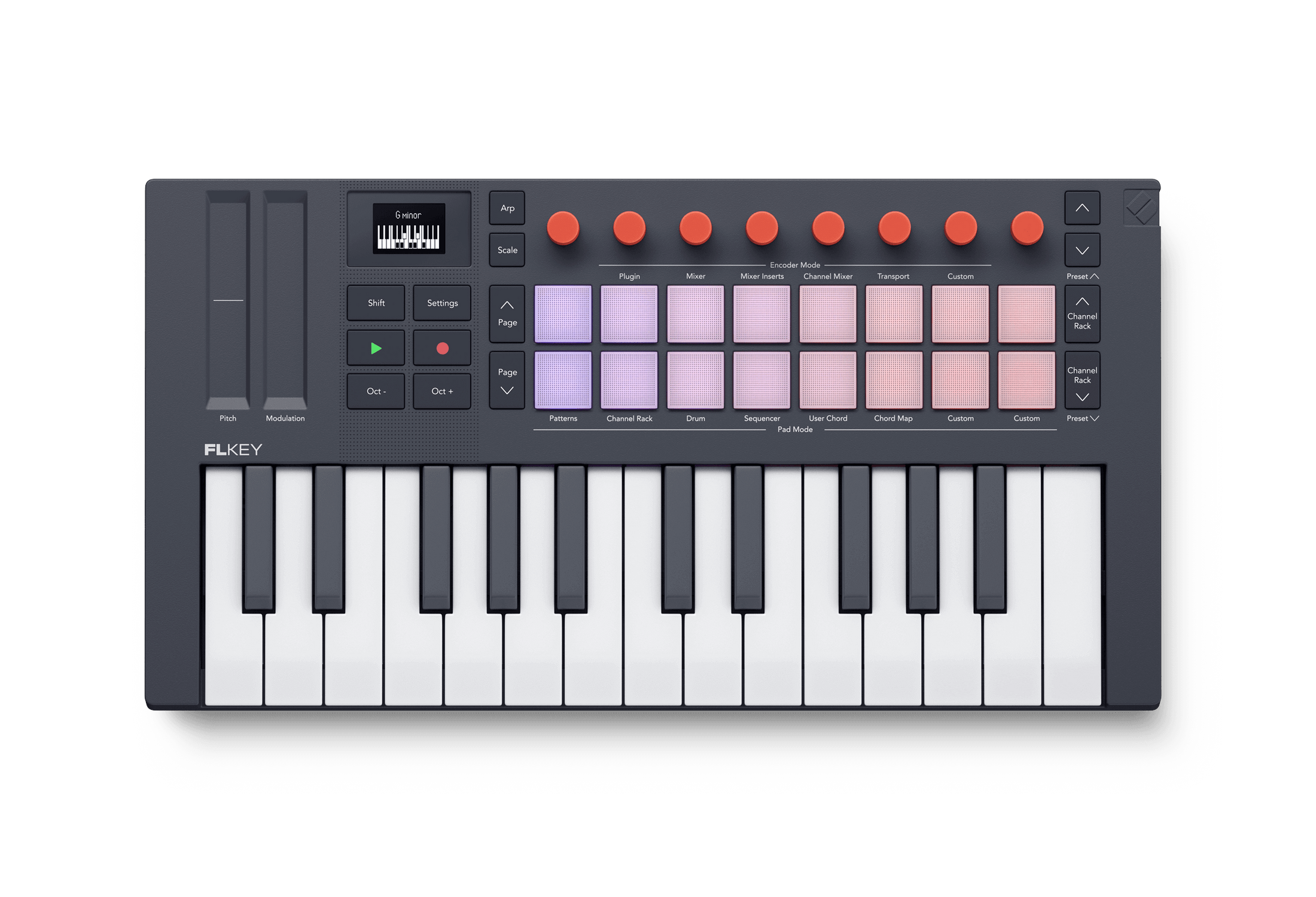 Compact MIDI controller with 25 mini keys, multiple pads, knobs, buttons, and two touch strips in black and white.
