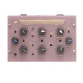 Top view of a Lorre Mill Float Glass modulation pedal with multiple knobs and 3.5mm jack connectors.