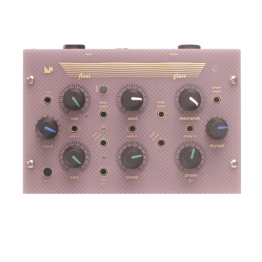 Top view of a Lorre Mill Float Glass modulation pedal with multiple knobs and 3.5mm jack connectors.