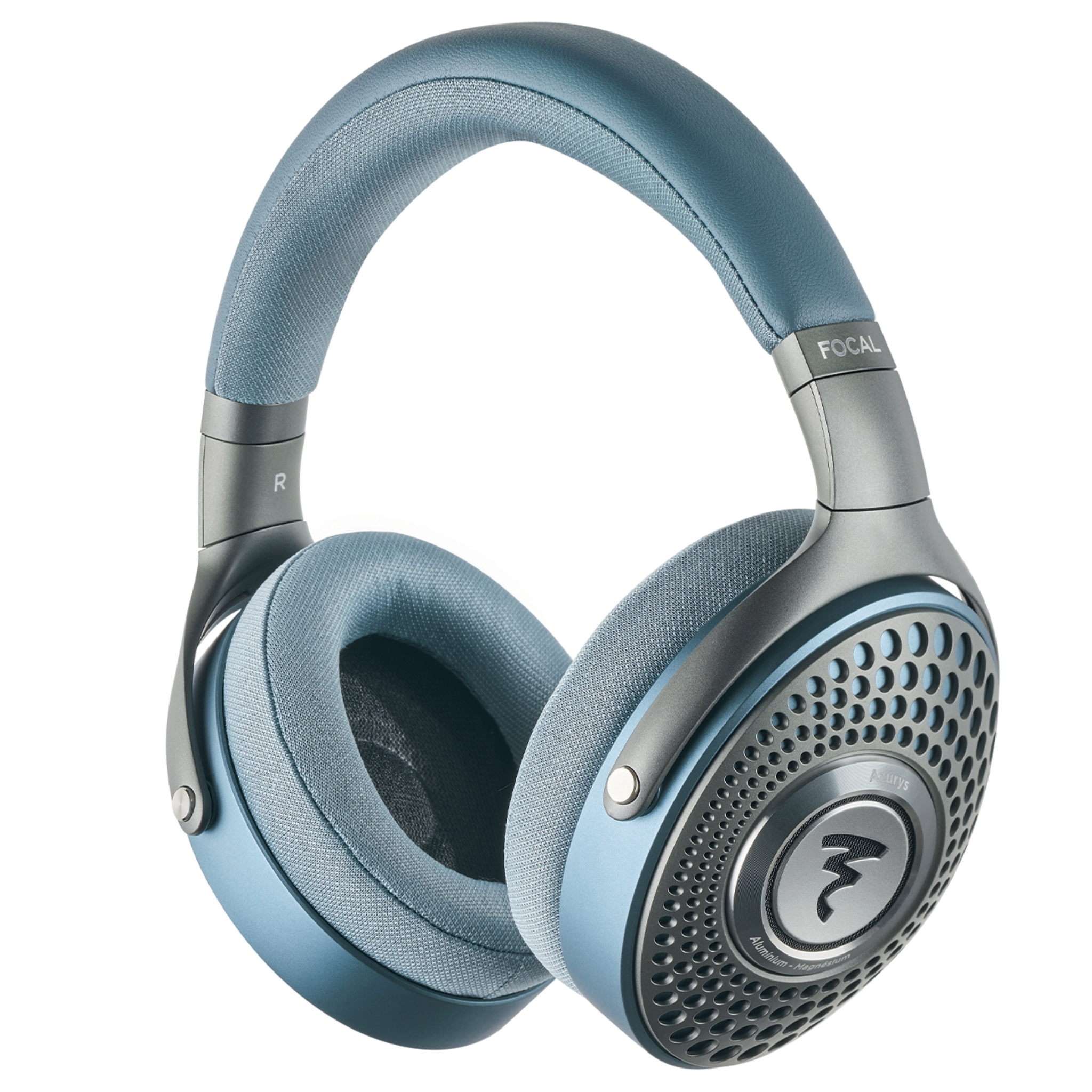 Blue over-ear headphones with metal accents and fabric ear cushions shown from an angled front view.