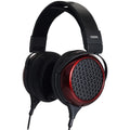 Black and red open-back over-ear headphones with wired cable and Fostex branding on the headband.