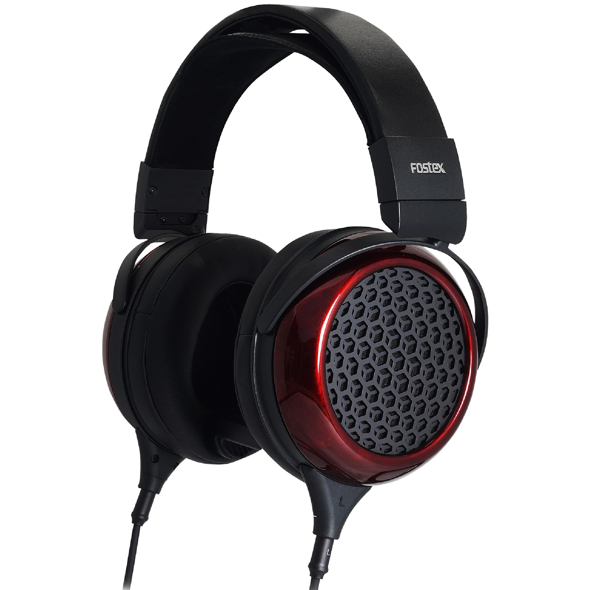 Black and red open-back over-ear headphones with wired cable and Fostex branding on the headband.