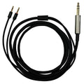 Black audio cable with one 1/4 inch stereo plug and two small stereo plugs labeled L and R