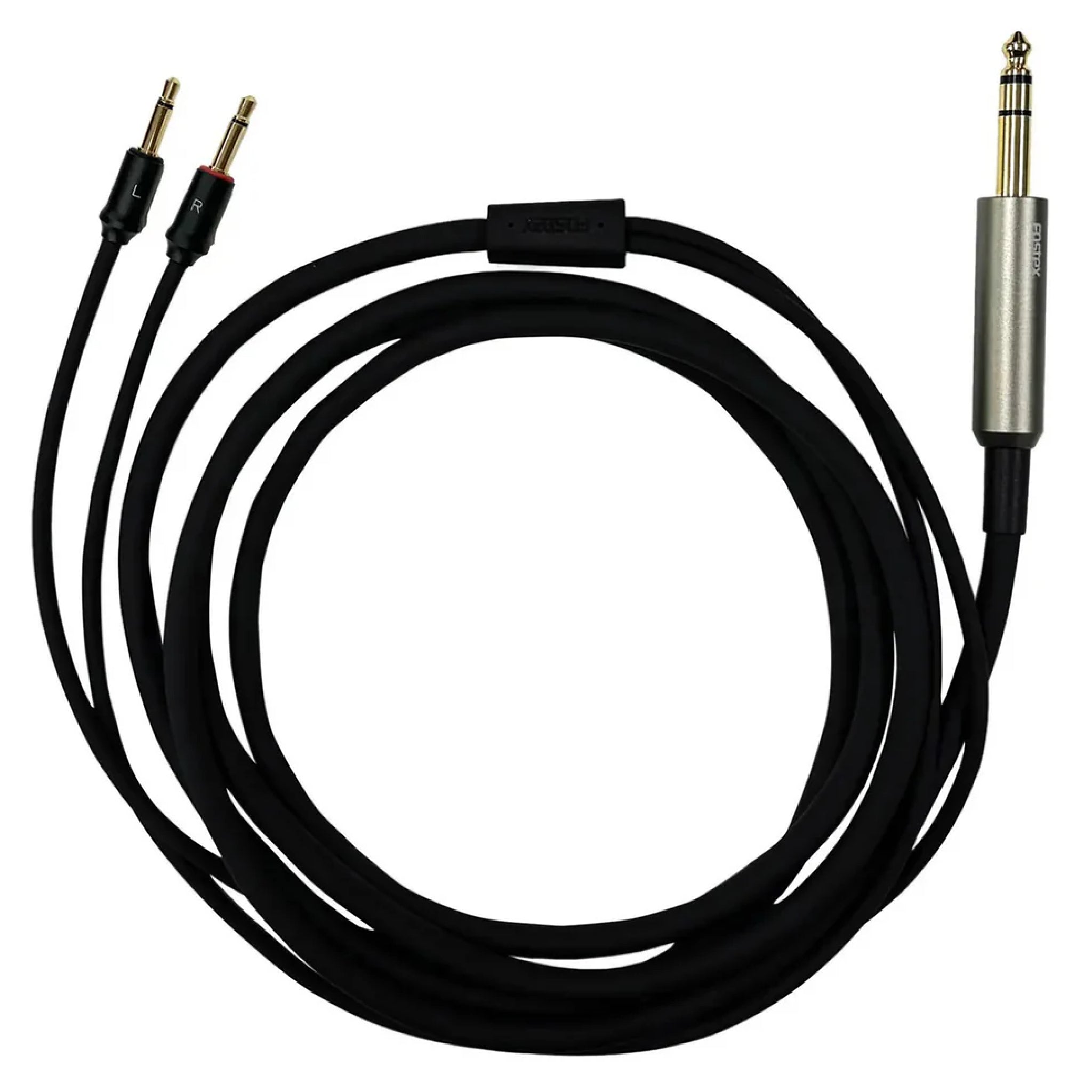 Black audio cable with one 1/4 inch stereo plug and two small stereo plugs labeled L and R