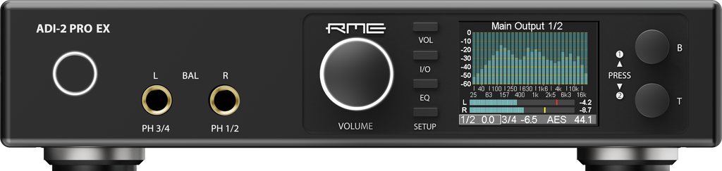 Front panel of a black RME ADI-2 PRO EX audio converter with knobs, buttons, headphone jacks, and color screen display.