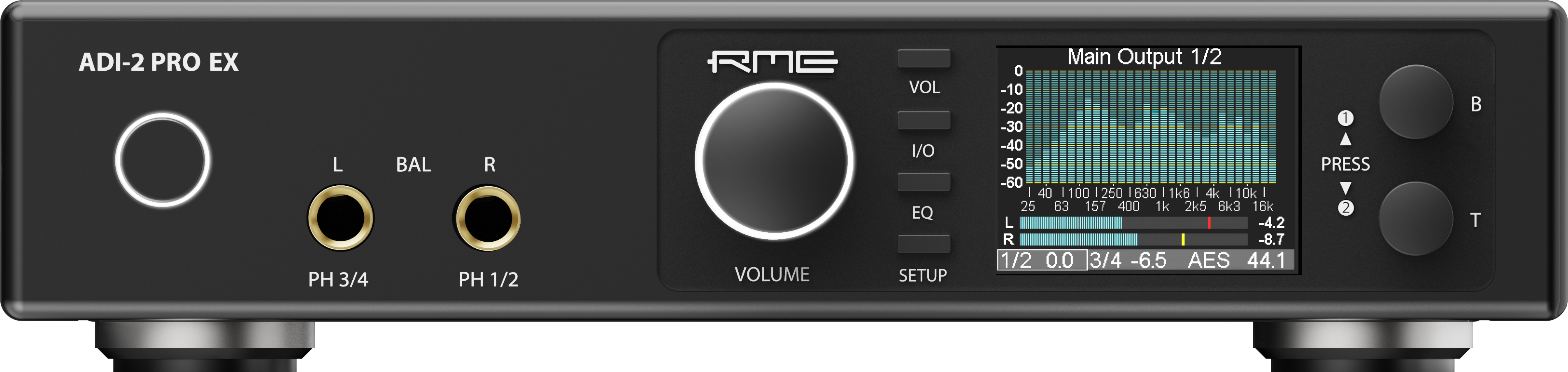 Front panel of a black RME ADI-2 PRO EX audio converter with knobs, buttons, headphone jacks, and color screen display.