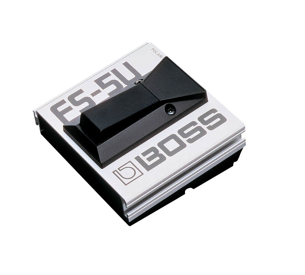 Black and silver foot pedal labeled FS-5U and BOSS viewed at an angled perspective.