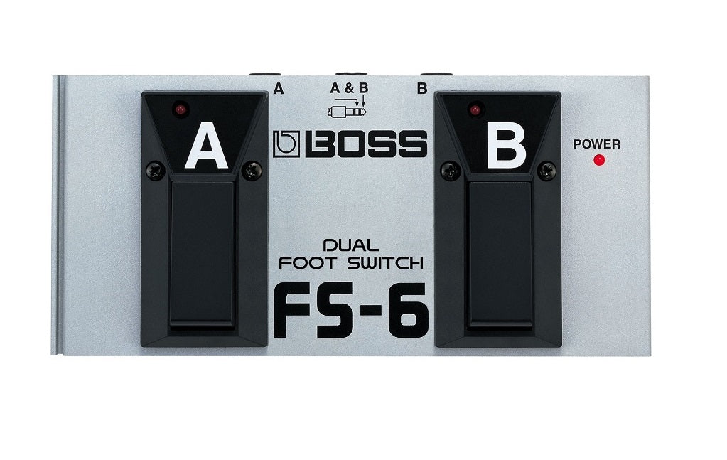 Silver and black dual footswitch pedal with two labeled switches A and B and a red power indicator light.