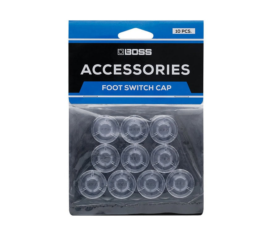 Package of ten clear plastic footswitch caps with BOSS branding in blue and black packaging.