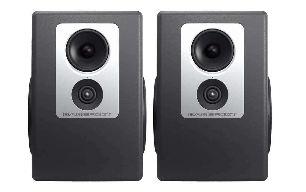 Front view of two black and silver studio monitors with BAREFOOT branding.