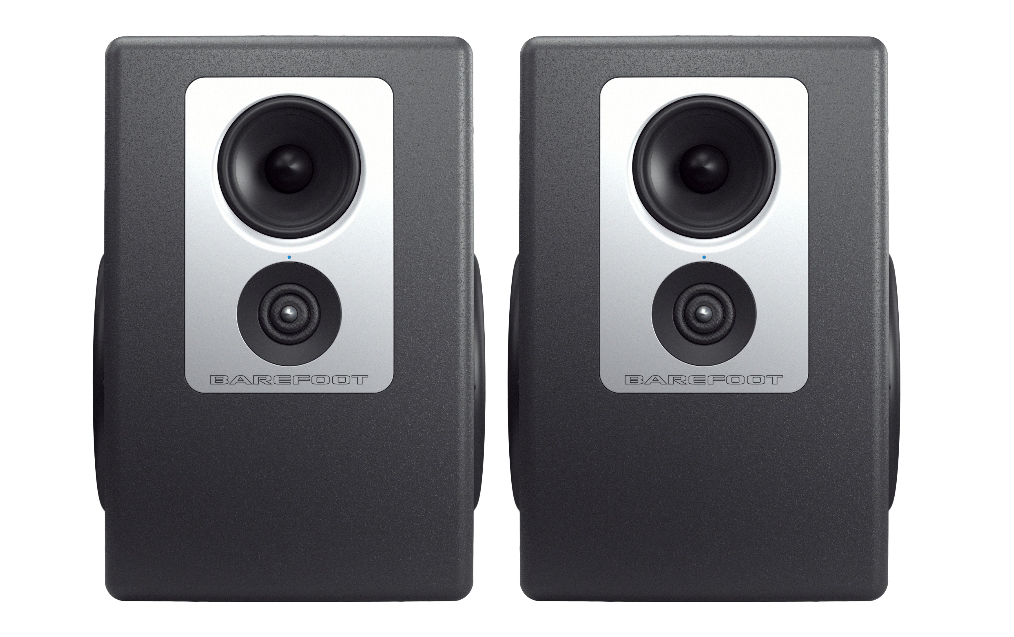 Front view of two black and silver studio monitors with BAREFOOT branding.