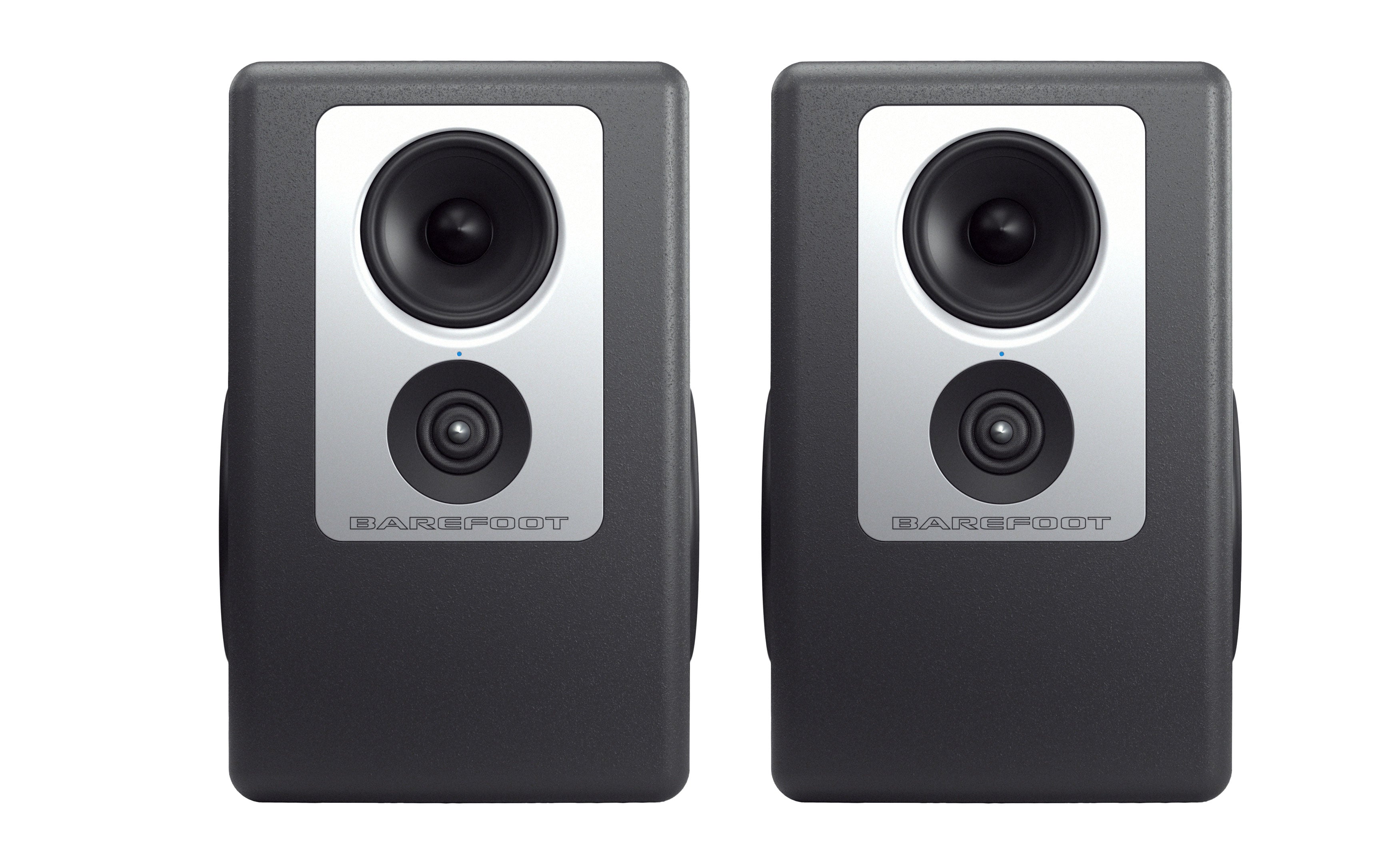 Pair of black and silver studio monitor speakers with visible woofers and tweeters, labeled BAREFOOT.