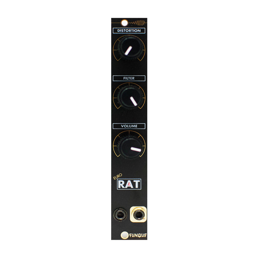 Black eurorack module with three labeled rotary knobs and two 3.5mm jacks at the bottom.