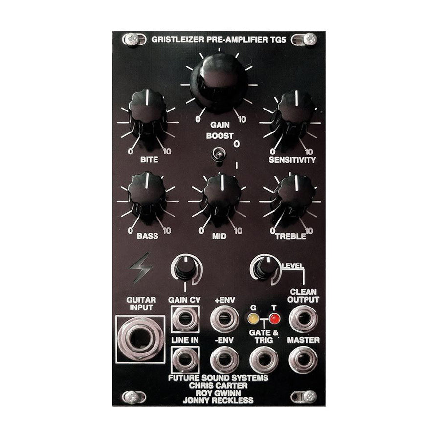 Black pre-amplifier audio module with multiple knobs, jacks, and labeled controls including guitar input and clean output.
