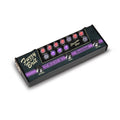 Black and purple Tech 21 Fuzzy Brit pedal with multiple knobs and three footswitches on a white background.