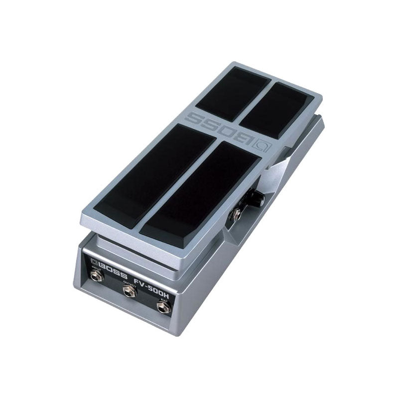 Silver and black Boss FV-500H expression pedal with three 1/4 inch jacks and a side knob.