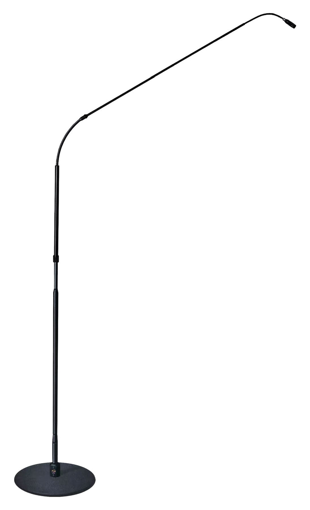 Black microphone stand with round base, gooseneck extension, and attached small microphone capsule.